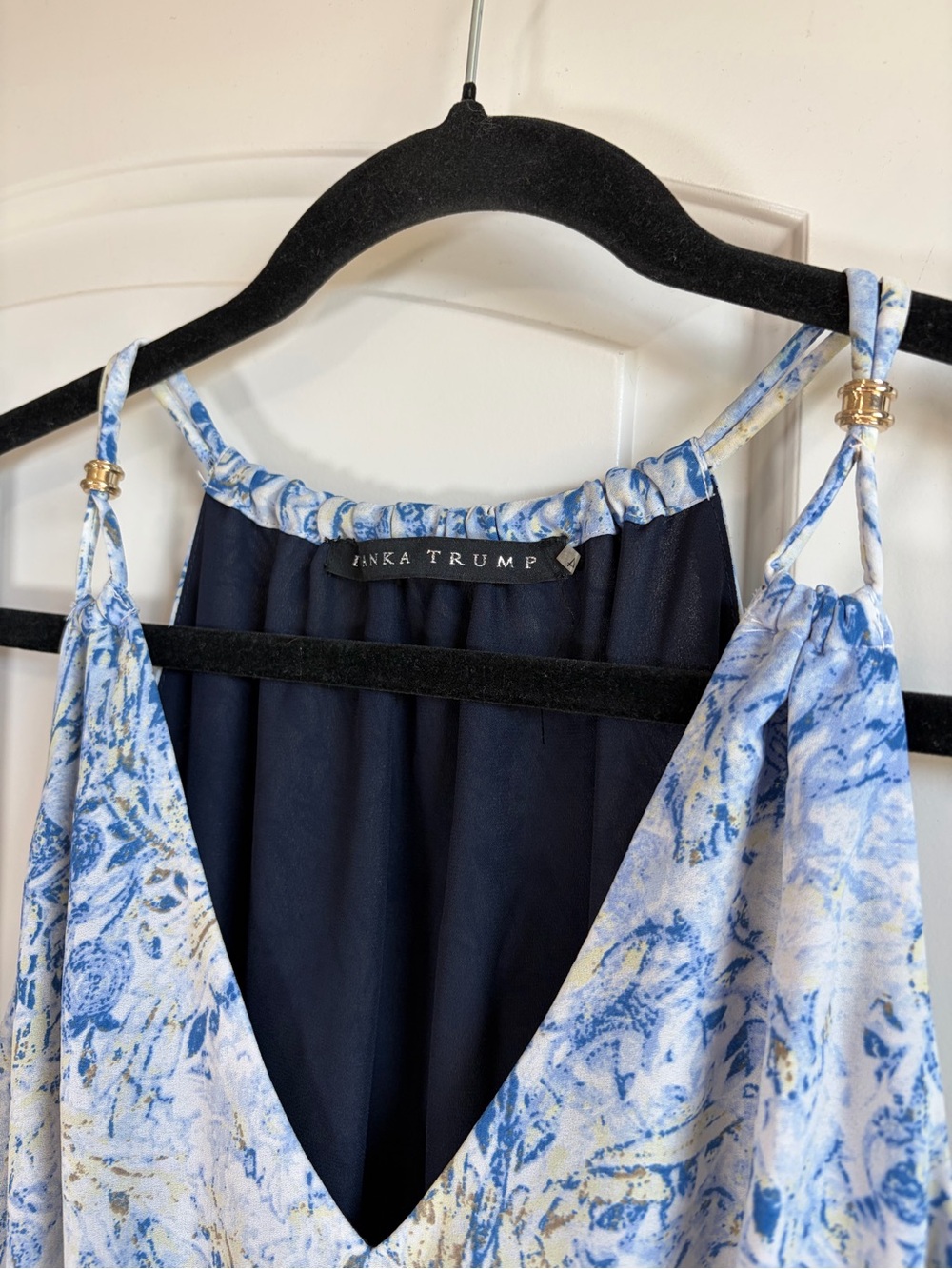 Ivanka Trump Blue Patterned Maxi Dress with Drawstring Waist Gold Accents - Picture 5 of 13